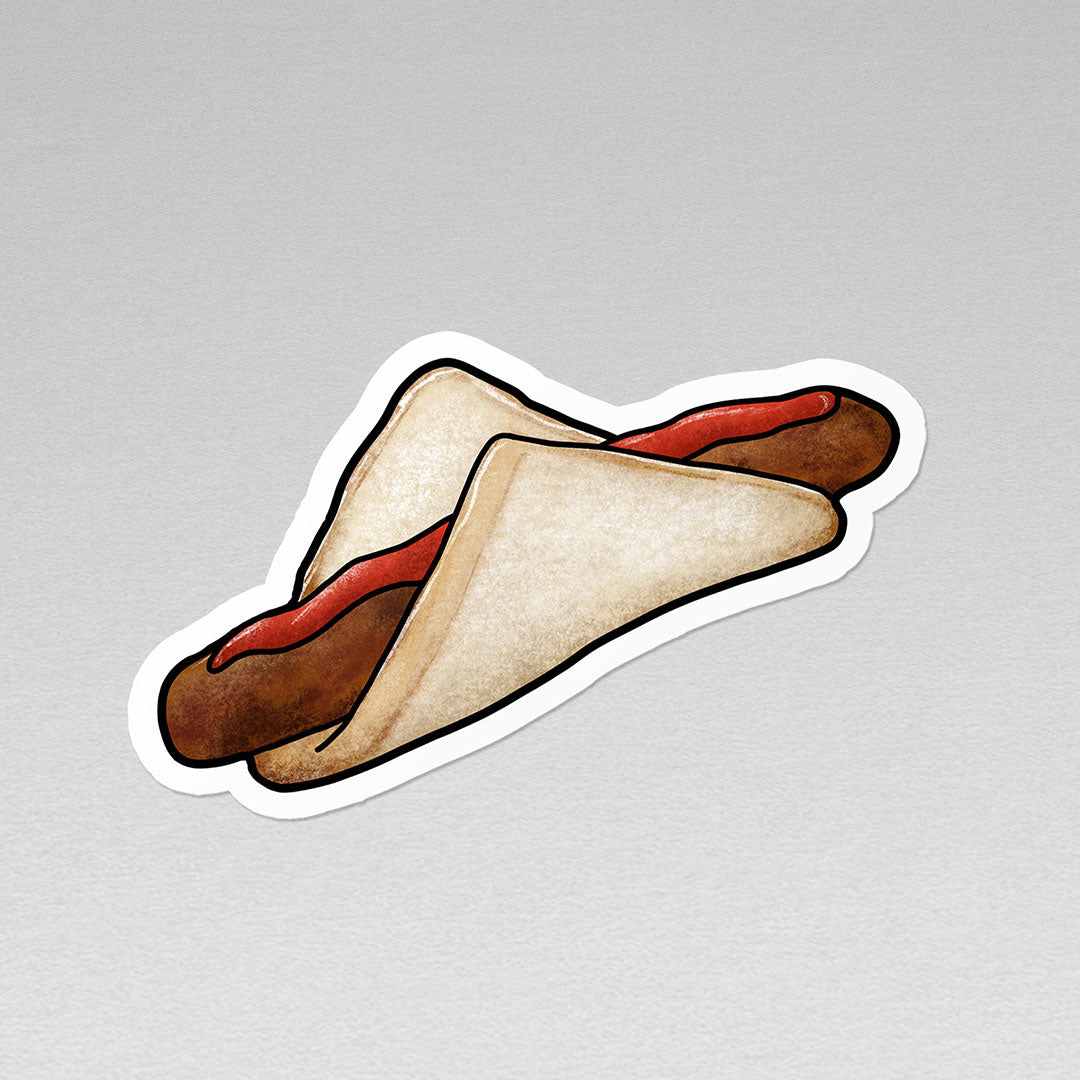 image of an Aussie sausage sizzle Bunnings snag in bread with tomato sauce vinyl sticker with white border